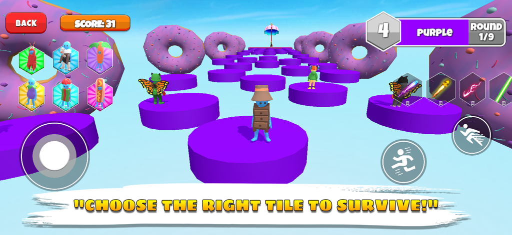 Easy Obby Parkour: Obbys Games - Gameplay of Easy Obby Parkour showing characters jumping on purple tiles with giant donuts in the background