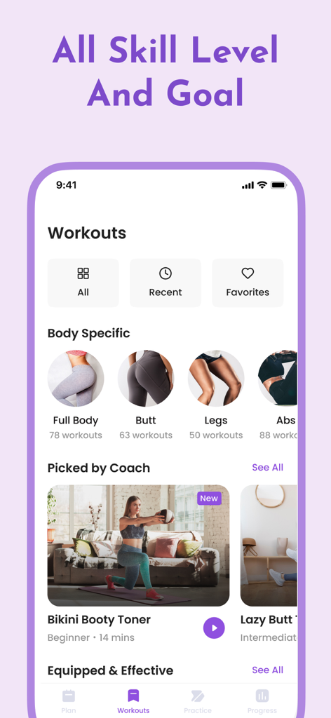 Butt Workout: Fitness at Home - Interface de l'application Butt Workout Fitness at Home présentant des catégories d'entraînement telles que Corps entier, Fessiers, Jambes et Abdominaux.