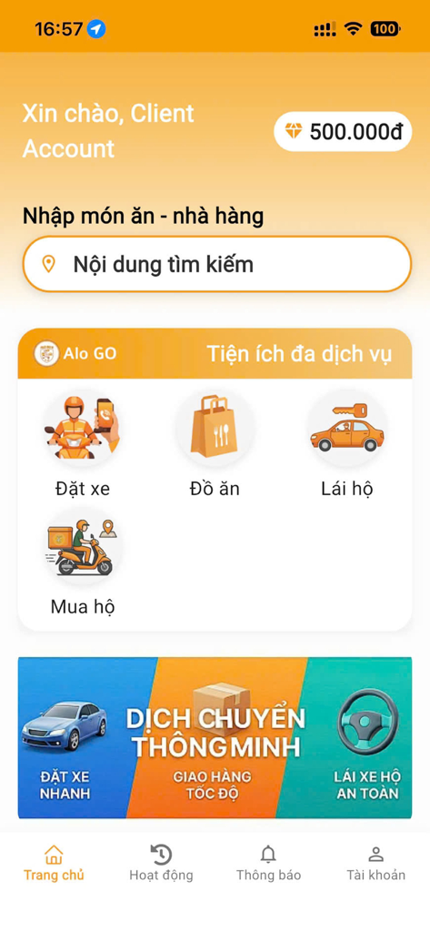 Alo Go - Đặt Food - Gọi Xế - User interface of the Alo Go app showing food and transportation service options in Vietnamese.