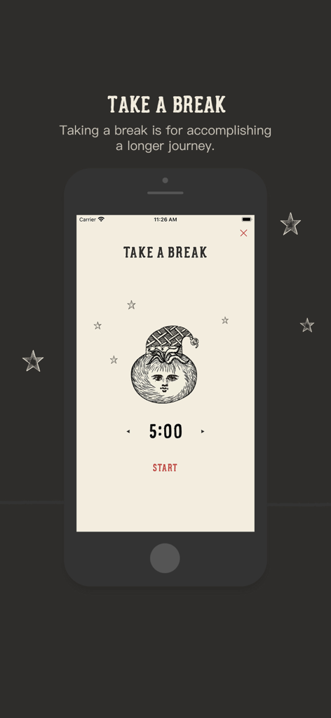 Focus Tomato - Let's focus now - Captura de pantalla de la aplicación Focus Tomato que muestra un temporizador de descanso de cinco minutos con un lindo personaje tomate con un gorro de dormir