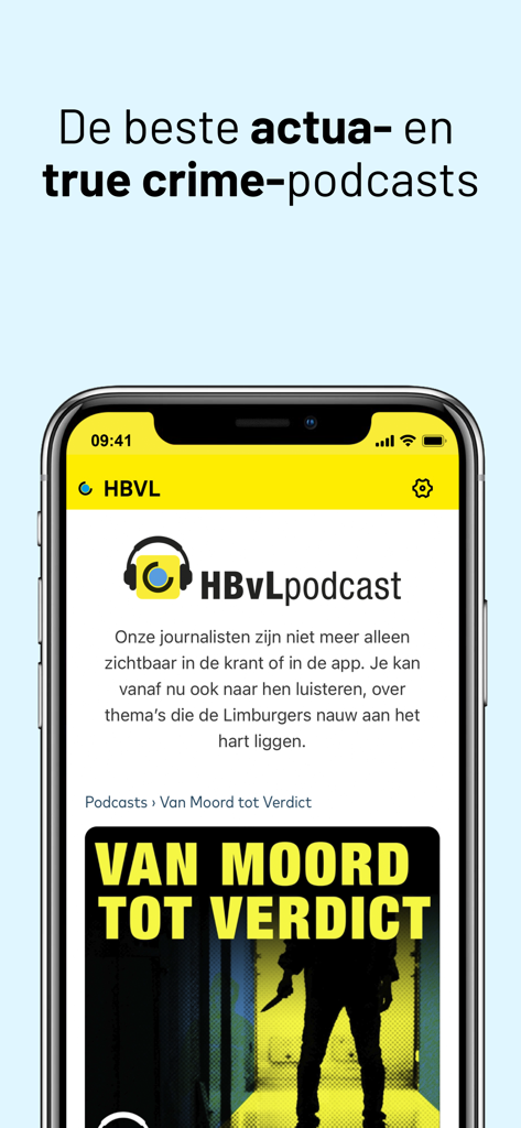 HBVL Nieuws - Interface de l'application HBVL Nieuws proposant des podcasts sur les affaires criminelles et l'actualité.
