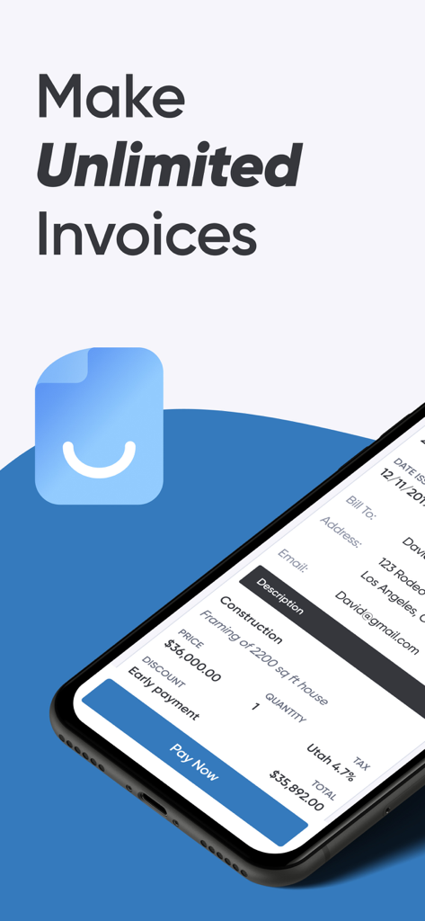Invoice Maker | Generator - Uma tela de smartphone mostrando uma fatura de construção profissional com um botão Pagar Agora e um título para criar faturas ilimitadas