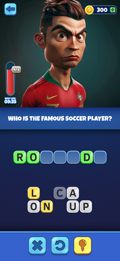 Captura de pantalla del juego móvil Trivia AI con una caricatura de un futbolista famoso y un puzzle de adivinanza de palabras