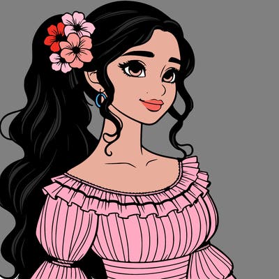 a single latina woman with a side ponytail and a long dress with ruffles. she has a few discreet flowers in her hair. realistic