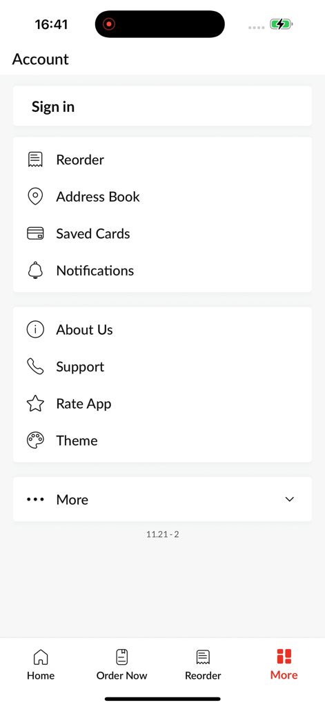 Jhinook - Account settings screen of the Jhinook food delivery app showing sign in and profile options.