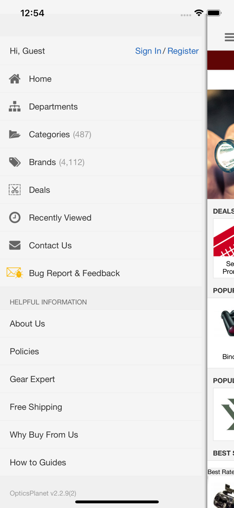 OpticsPlanet.com - Side navigation menu of the OpticsPlanet mobile app showing product categories and shopping options