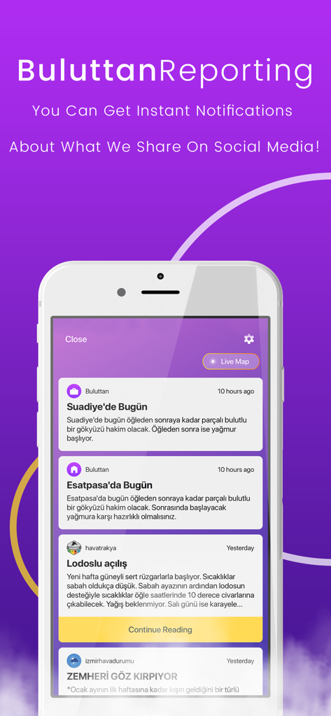 Interfaccia dell'app Buluttan che mostra un feed di social media con segnalazioni meteo locali e notifiche.