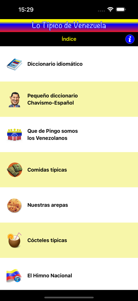 Lo Típico de Venezuela - Main menu of the Lo Tipico de Venezuela app featuring cultural and culinary categories
