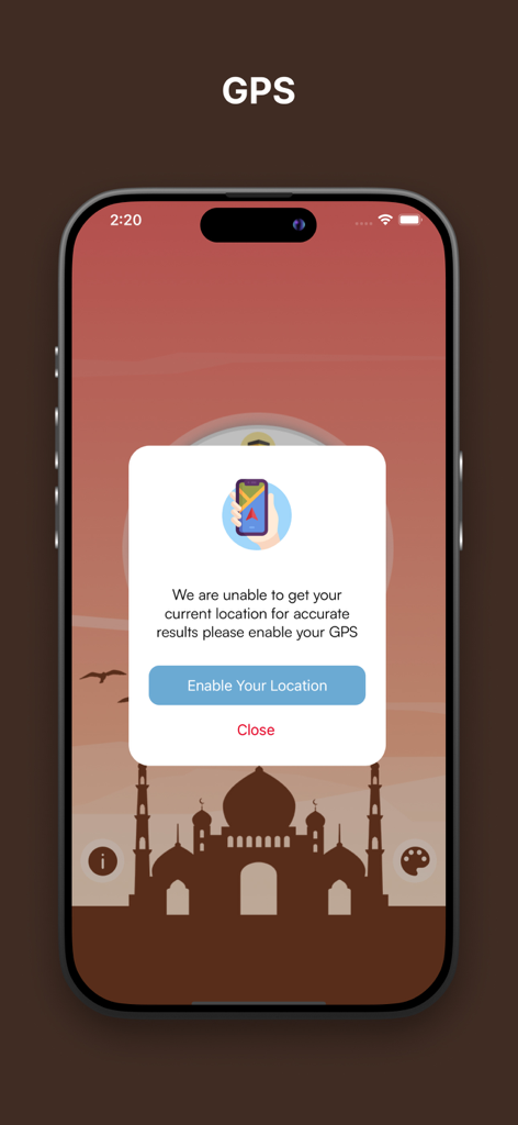 Qibla Compass Direction Finder - Qibla Compass app screenshot showing a pop-up window requesting GPS activation for accurate direction finding.