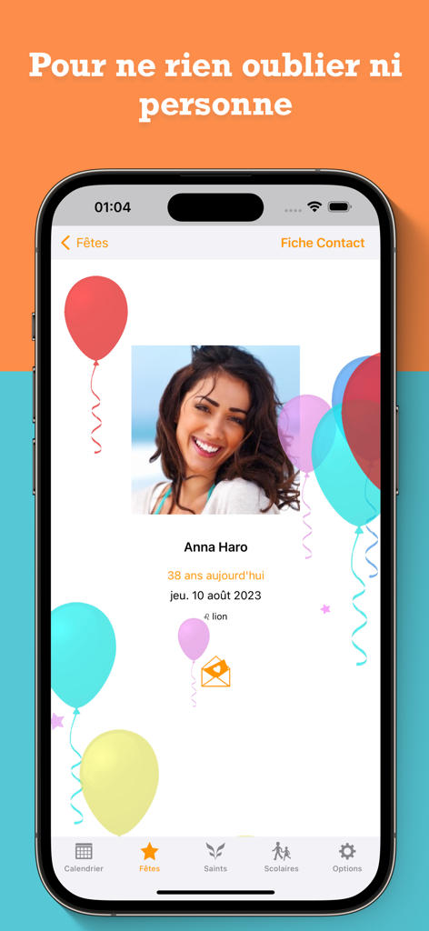 France Agenda - Screenshot of France Agenda app showing a birthday reminder for a contact named Anna Haro with celebratory balloons