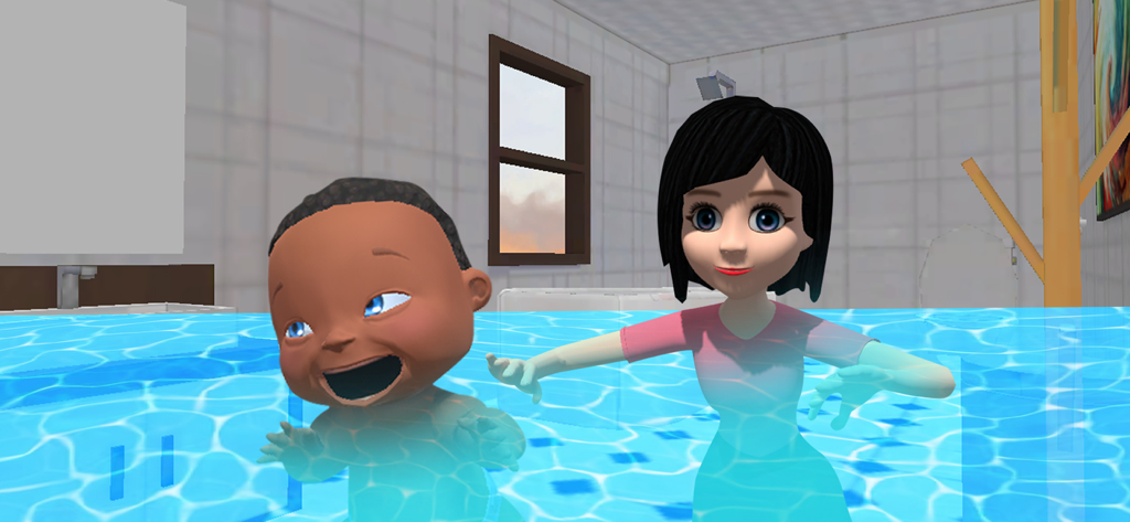 A cheeky baby and a woman character submerged in a blue swimming pool in the game Where is He Find Daddy