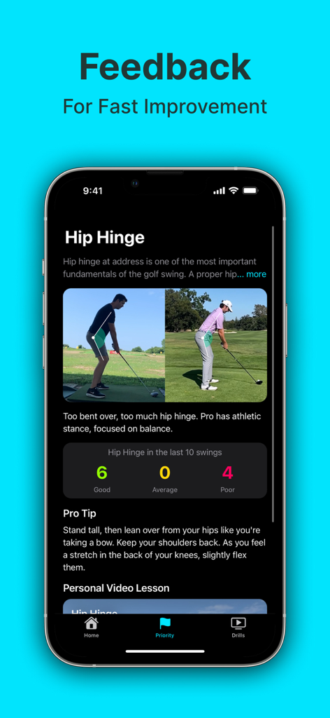 AI-driven hip hinge analysis and pro golf swing comparison in the Sparrow app.