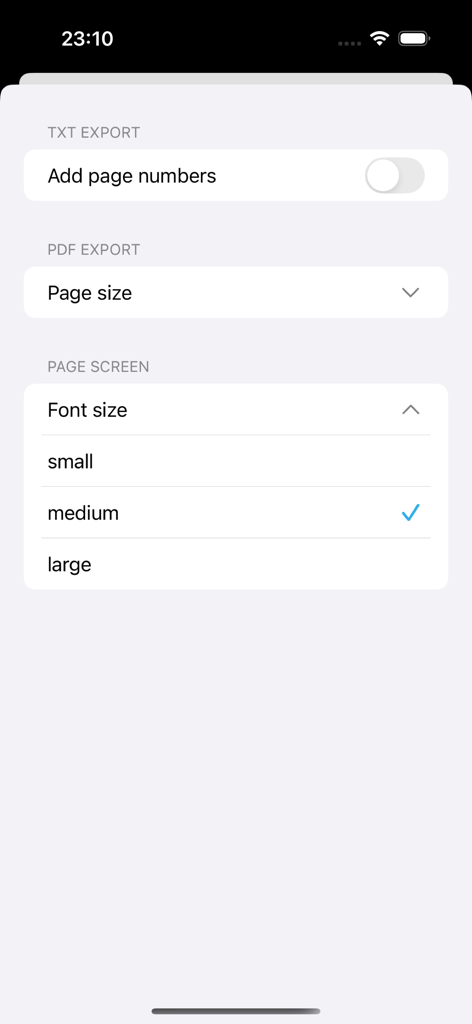 Settings screen of the SmoothOCR app showing options for text and PDF export and font size selection
