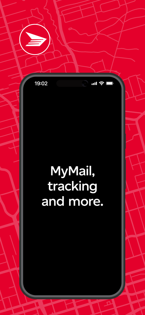 Canada Post app intro screen featuring MyMail and package tracking services
