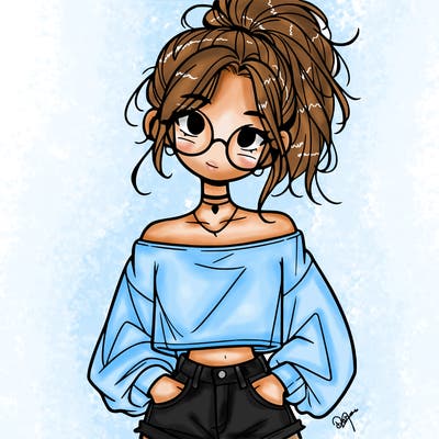 girl with a messy ponytail glasses a baggy crop top and jean shorts
