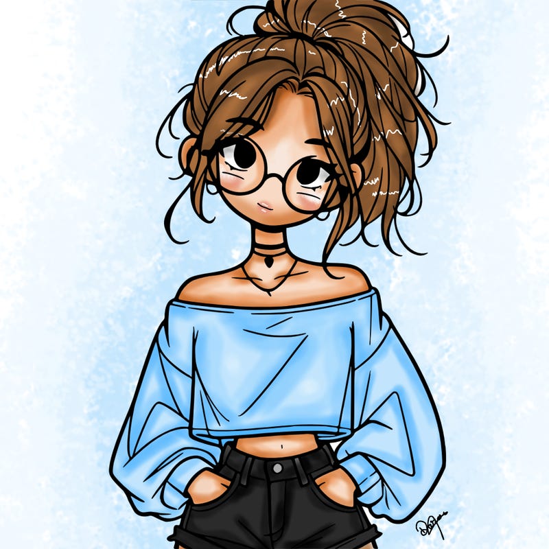 girl with a messy ponytail glasses a baggy crop top and jean shorts