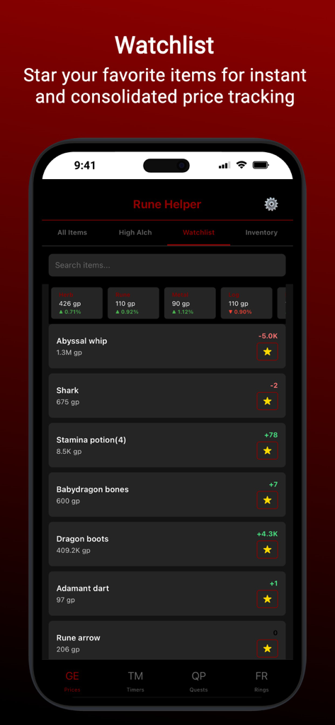 A mobile app interface showing a watchlist of Old School RuneScape items with real-time Grand Exchange price tracking and price changes.