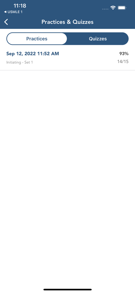 A screen showing past USMLE Step 1 practice tests with dates and percentage scores.