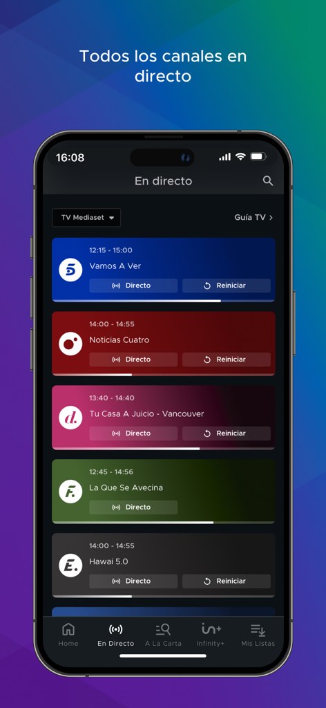 Mediaset Infinity España - Captura de ecrã da aplicação Mediaset Infinity exibindo uma lista de canais e programas de TV espanhóis em direto.