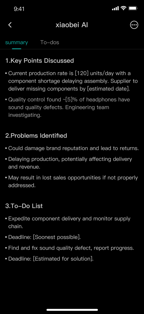 VTransBUDS - VTransBUDS app interface showing an AI generated meeting summary with key points and a to-do list