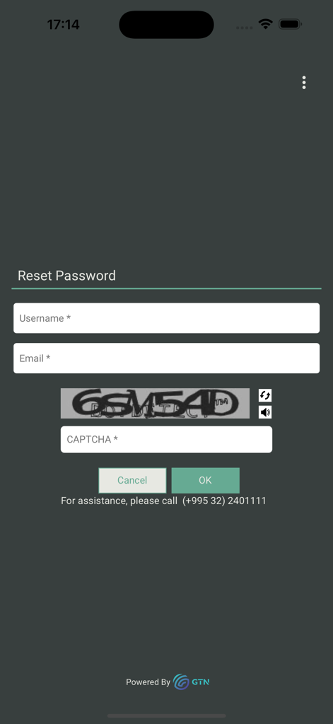 G&T Trader - Écran de réinitialisation du mot de passe pour l'application G et T Trader avec des champs nom d'utilisateur et email