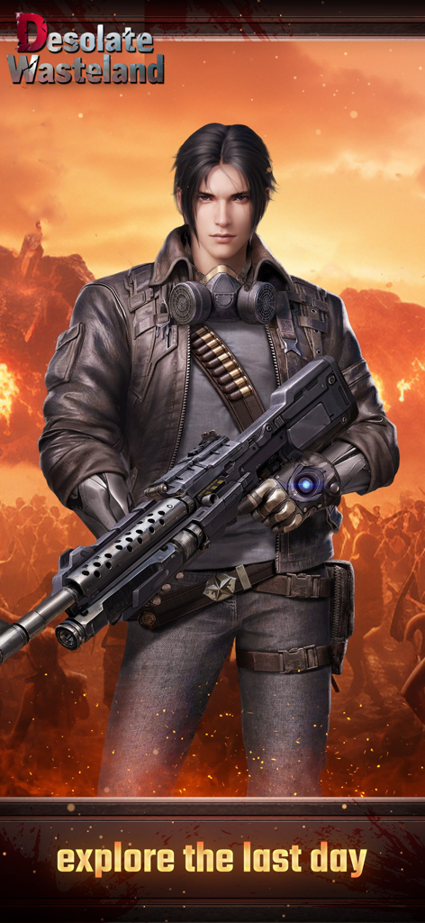 Desolate Wasteland：Survivors - A male survivor character holding a large futuristic rifle in a fiery post-apocalyptic landscape