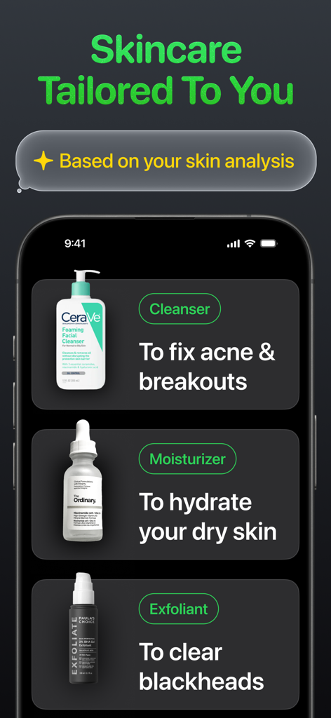 Maxxing app interface displaying personalized skincare product recommendations based on AI analysis