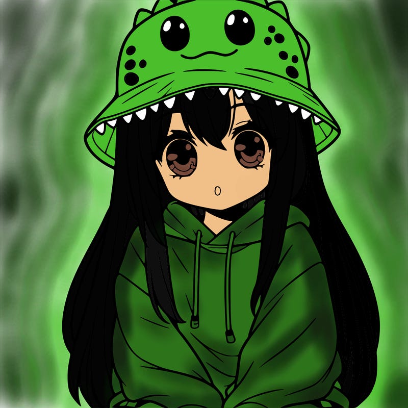 girl with anime shaped eyes with a dinosaur bucket hat oversized sweatshirt long straight hair