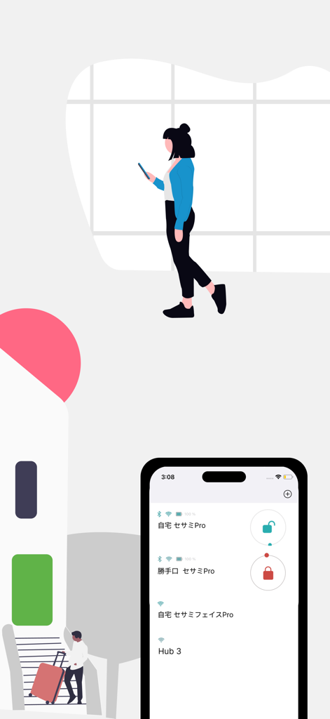 Sesame, Open Sesame - Smartphone montrant le tableau de bord de l'application de serrure intelligente Sésame avec une liste d'appareils et des icônes d'état de verrouillage
