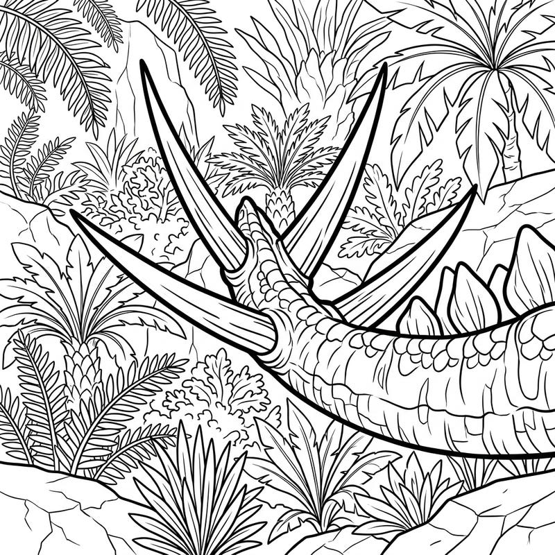 Dive into the Jurassic era with this captivating coloring page featuring the formidable Thagomizer of a Stegosaurus. Surrounded by lush prehistoric flora, this intricate design offers a thrilling challenge for dinosaur enthusiasts.