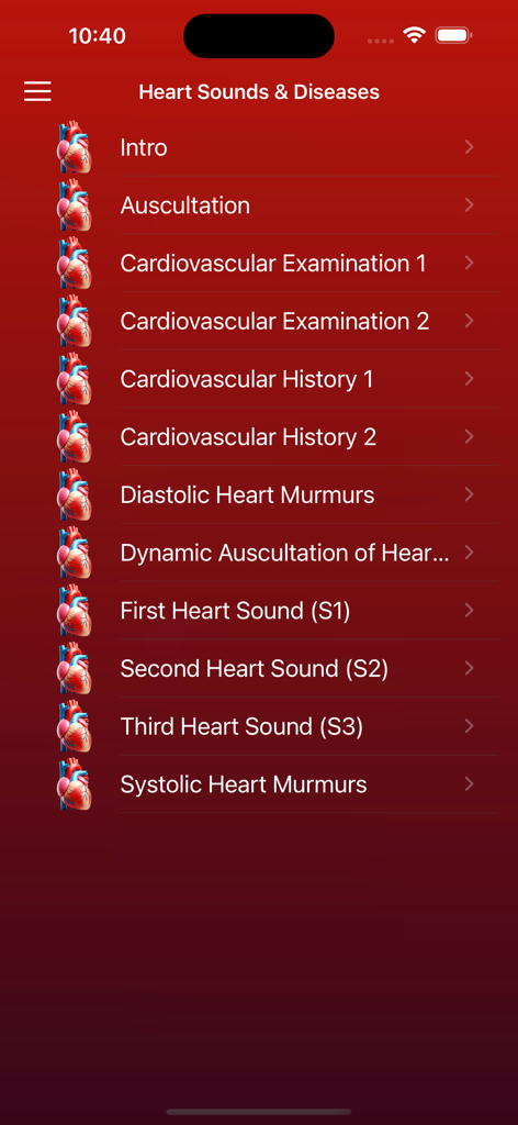Menu principal de l'application Sons cardiaques et pulmonaires montrant une liste de sujets cliniques, y compris l'auscultation et les souffles cardiaques.