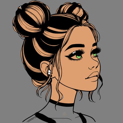 realistic girl with buns on the top of her head