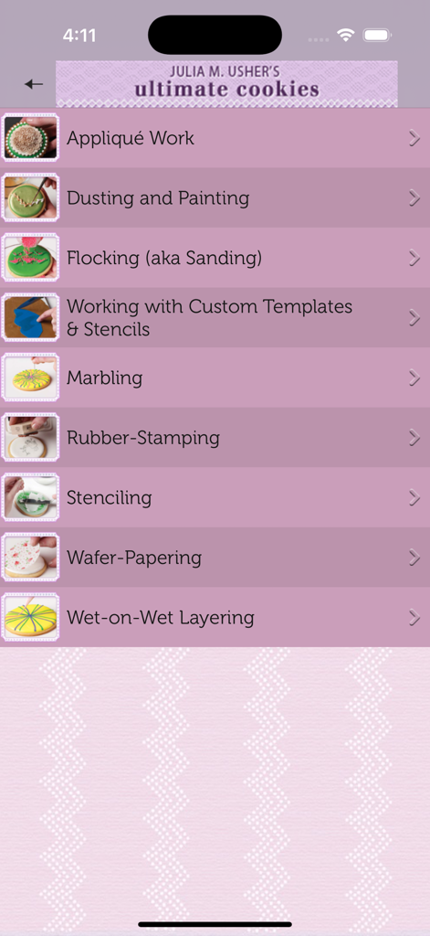 A menu of various cookie decorating techniques including stenciling and marbling within the Ultimate Cookies app