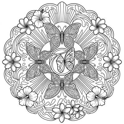 Celebrate summer with this beautiful butterfly mandala, brimming with tropical flowers and graceful insects. This intricate design provides a relaxing and transformative coloring experience for adults.