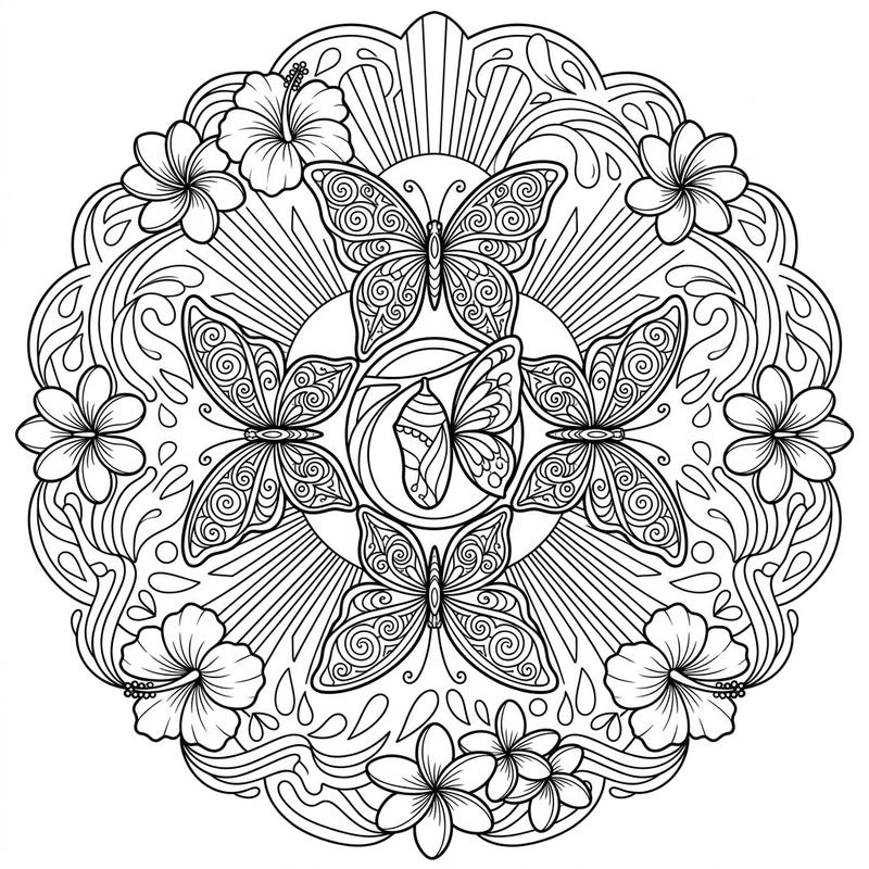 Celebrate summer with this beautiful butterfly mandala, brimming with tropical flowers and graceful insects. This intricate design provides a relaxing and transformative coloring experience for adults.