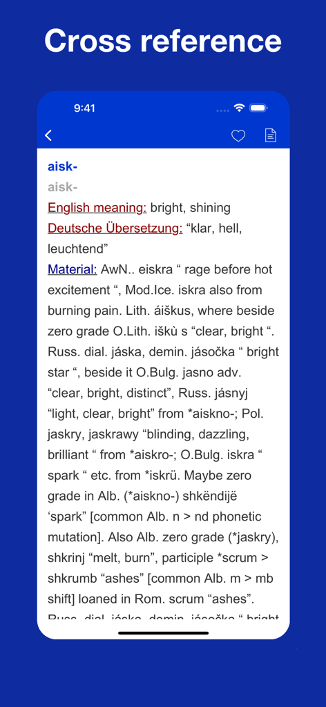 Proto Indo European Etymology - Screenshot of the Proto Indo European Etymology app showing a cross reference for the word aisk meaning bright or shining with detailed linguistic origins.