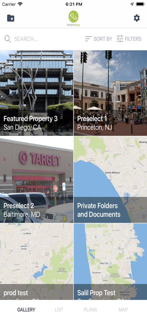 Property Capsule - Property Capsule app gallery view showing commercial property listings and maps for leasing brokers