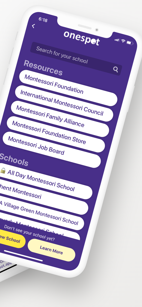 The Montessori App - Mobile screen of The Montessori App showing educational resources and school listings