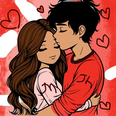 a realistic couple boy and girl hugging and kissing