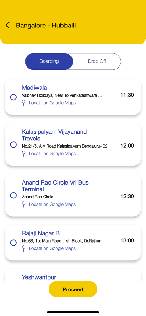 Vijayanand Travels - Mobile app screen showing boarding point selection for a bus trip from Bangalore to Hubballi with listed locations and times