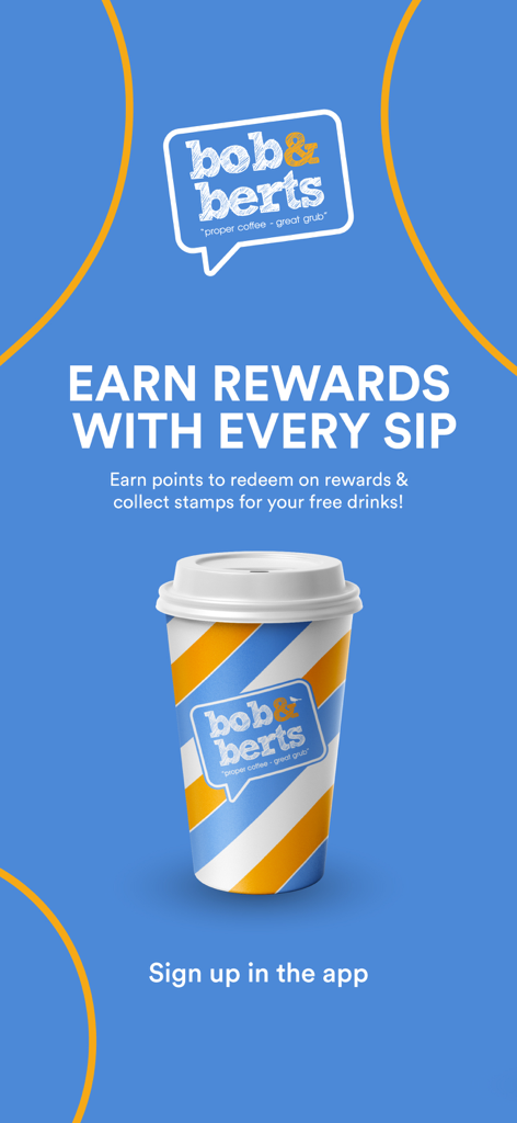 Bob & Berts Loyalty - Bob and Berts Loyalty App Werbebildschirm für das Sammeln von Kaffee-Prämien.