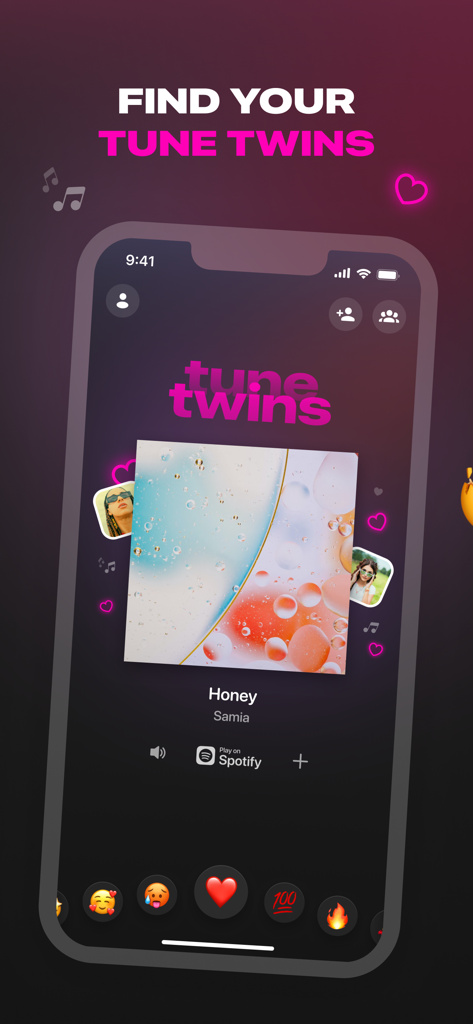 A screenshot of the Airbuds Widget app showing the Tune Twins feature which displays shared music activity and reactions from friends.