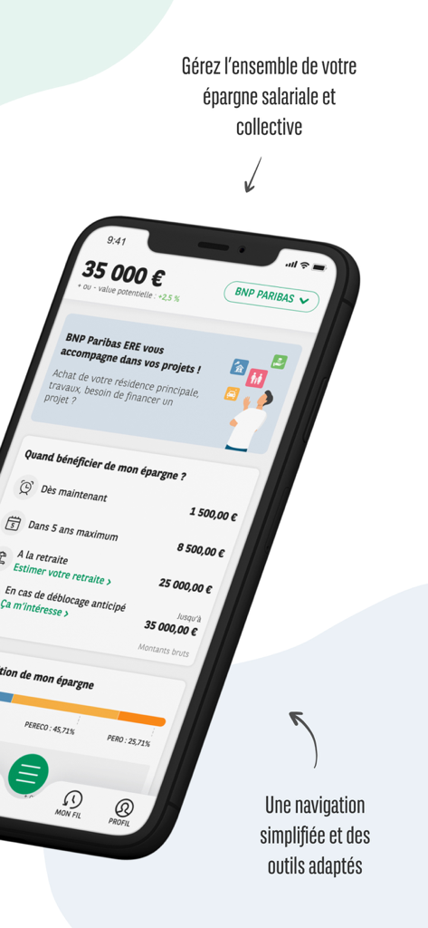 Mon Epargne Entreprise - 従業員の貯蓄と退職後の予測を示すモバイルダッシュボード。