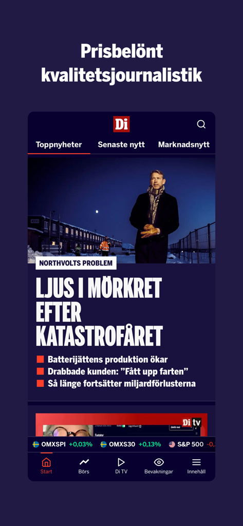 Dagens industri - Interface of the Dagens industri financial news app featuring top headlines and stock market updates