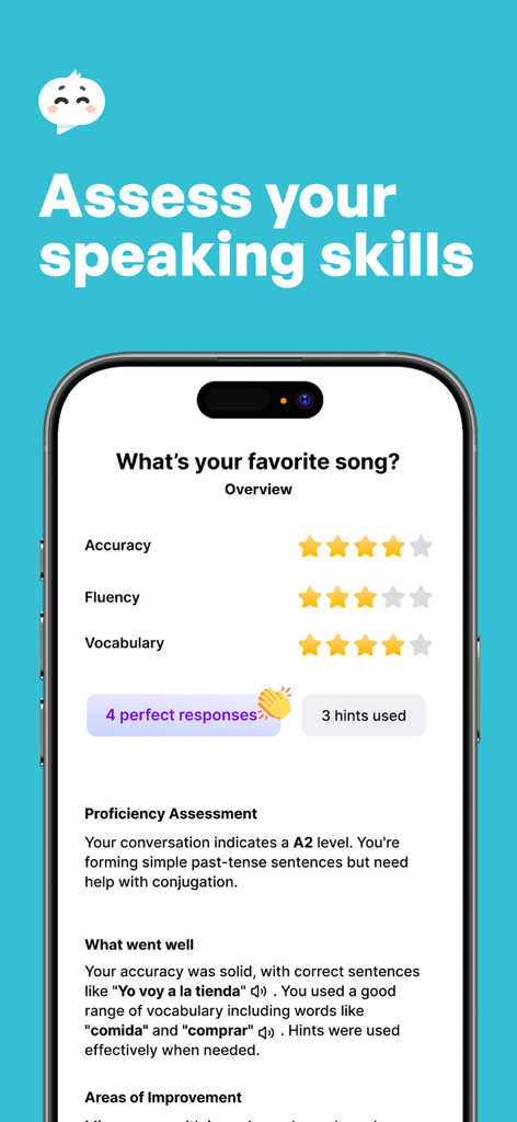 Langotalk-AI Language Learning - Langotalk app interface displaying a proficiency assessment and feedback on language speaking skills.