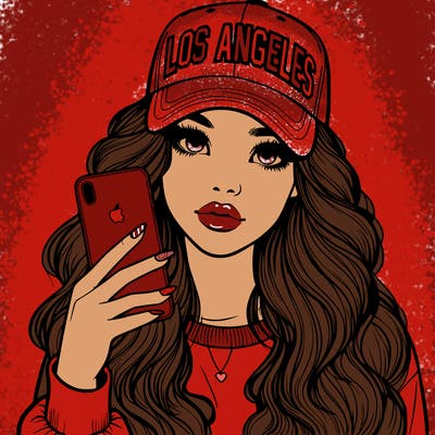 realistic beautiful girl wearing los ángeles cap holding an iphone