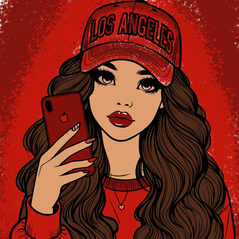 realistic beautiful girl wearing los ángeles cap holding an iphone