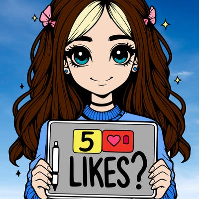 a realistic girl holding a sign that says "5 likes?"