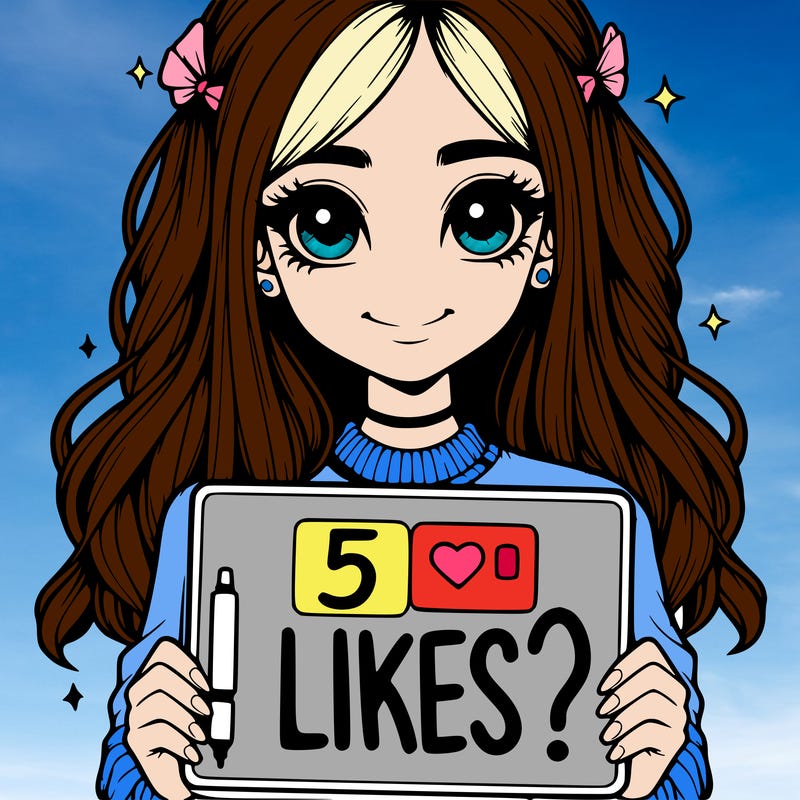 a realistic girl holding a sign that says "5 likes?"
