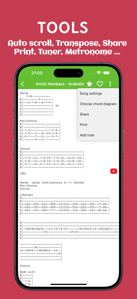 Guitar chords and tabs - Pantalla de la aplicación Acordes y tablaturas de guitarra mostrando herramientas musicales que incluyen funciones de desplazamiento automático y transposición con la tablatura de una canción de Arctic Monkeys.